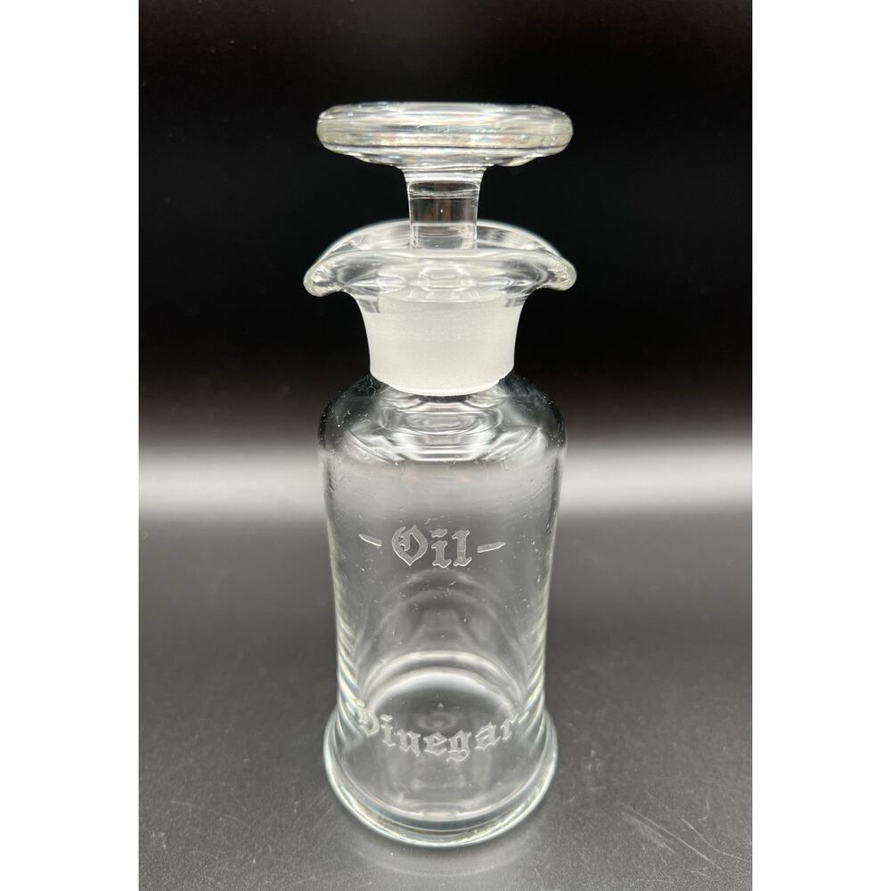 Antique Etched Clear Glass Oil & Vinegar Cruet Bottle w Stopper 6.5” Tall